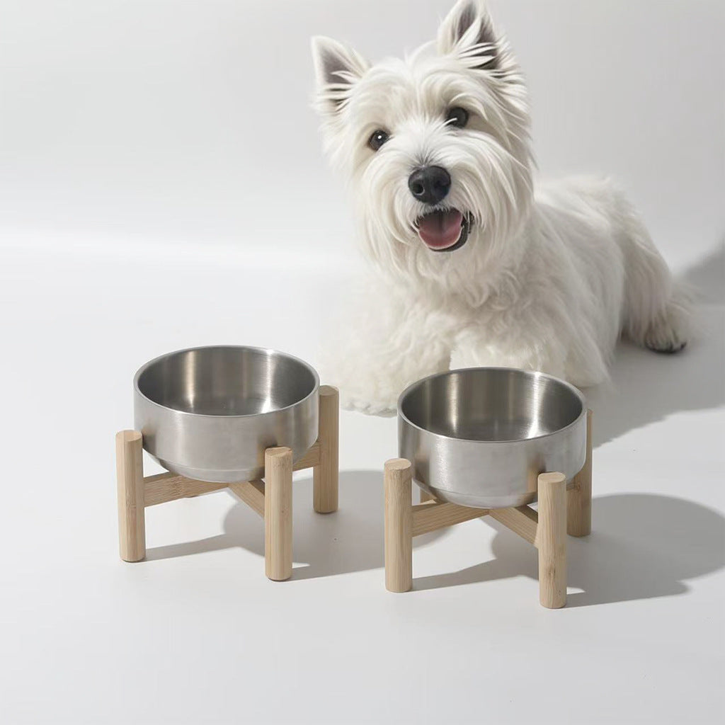 Stainless Steel Cat Bowl On A Raised Wooden Stand To Prevent Tipping