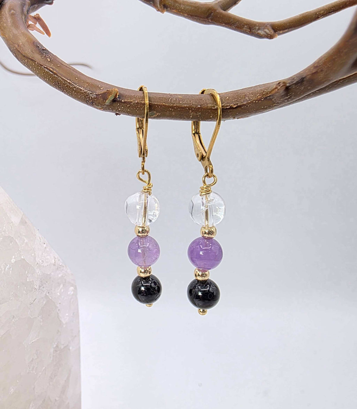 ESPACIO SAGRADO - Conjunto de joyas de cuarzo transparente, amatista y ónix negro