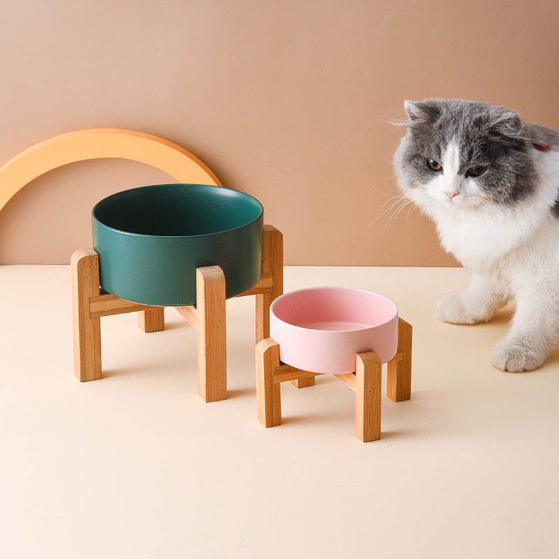 Pet Anti Rollover Ceramic With High Bamboo And Wood Frame Bowl