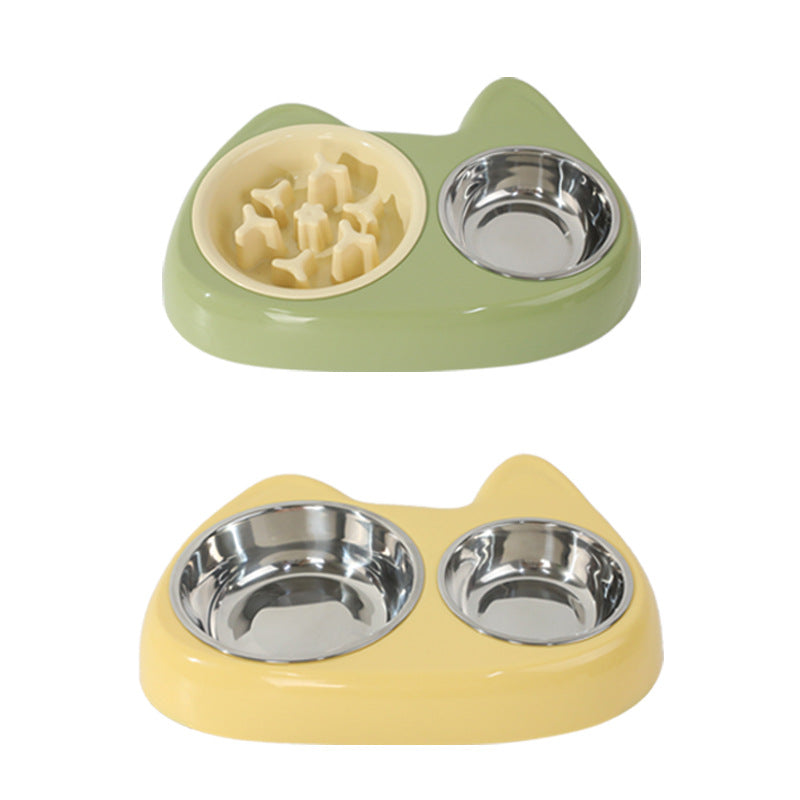 Cat Bowl Large And Small Eyes Slow Food Stainless Steel Two-in-one Pet Bowl