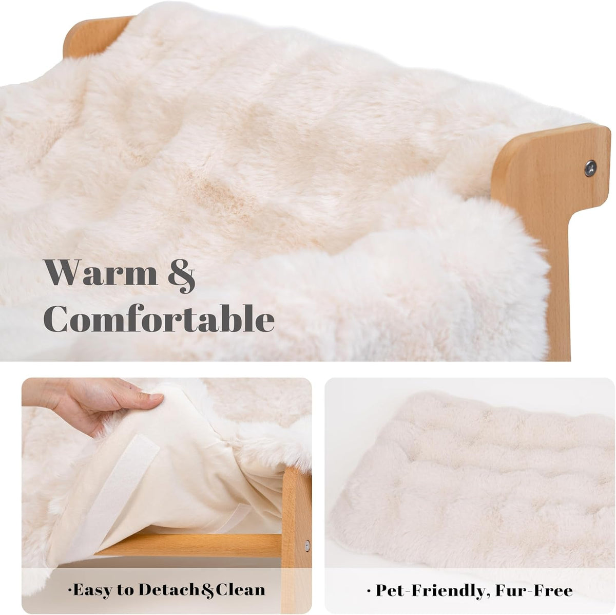 Elevated Wooden Cat Couch Bed with Washable Fluffy Cushion – 3 Colors