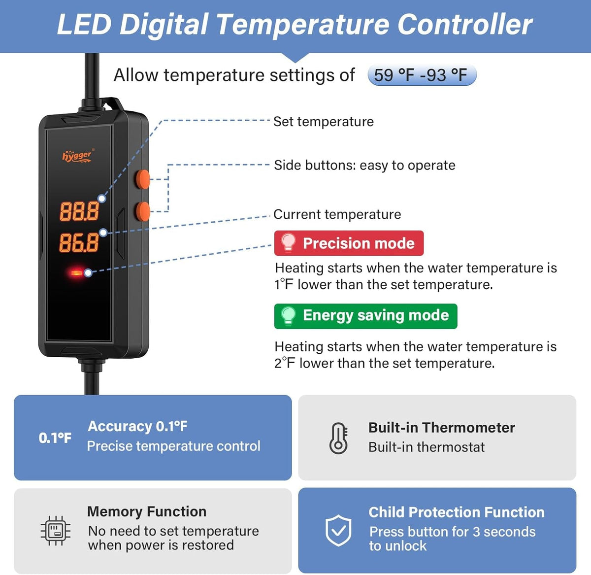 Calentador de acuario hygger de 200W/300W/500W con control de temperatura inteligente