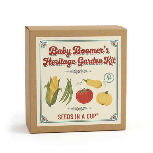 Baby Boomer's Heritage Garden Kit | Sweet Corn, Green Beans, Tomato & Squash | Seeds In A Cup®