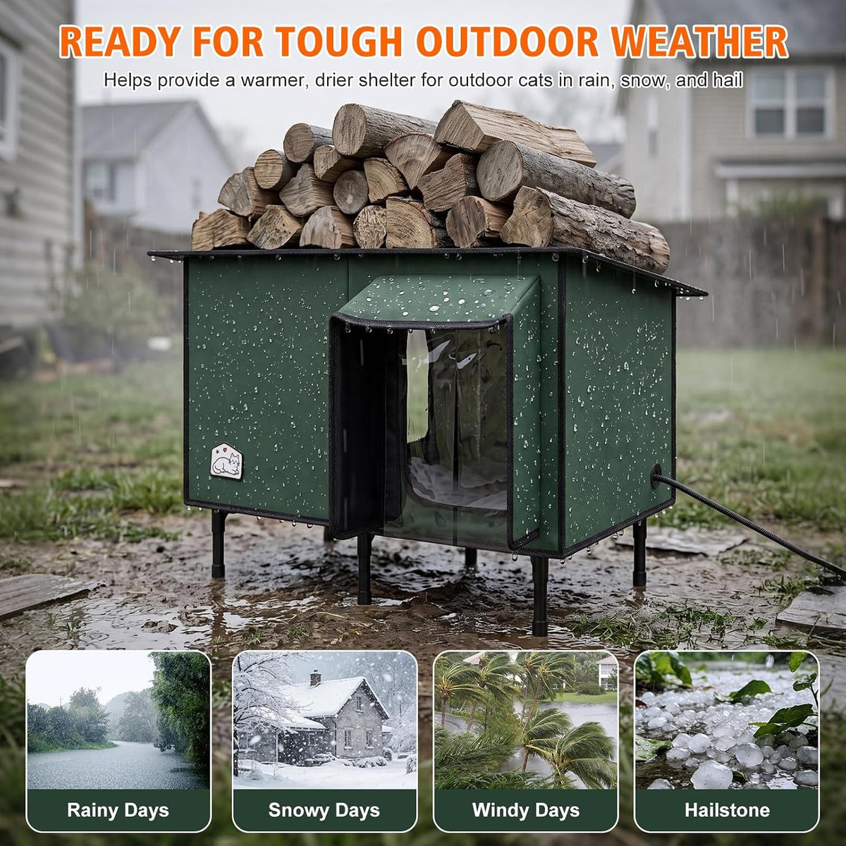 Heated Outdoor Cat House with Slanted Waterproof Roof & Dual Doors