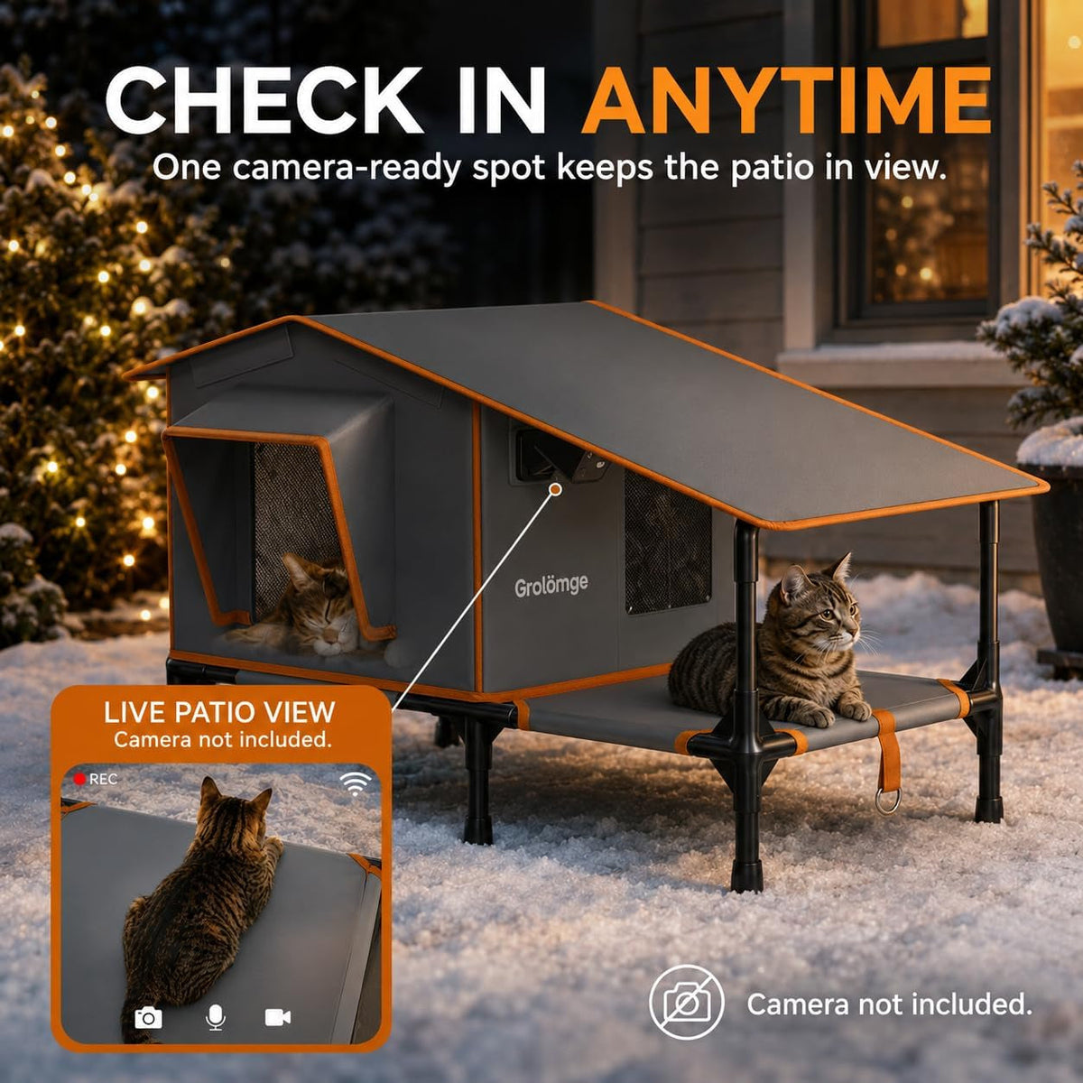 Heated Outdoor Cat House with Terrace & Feeding Bowl