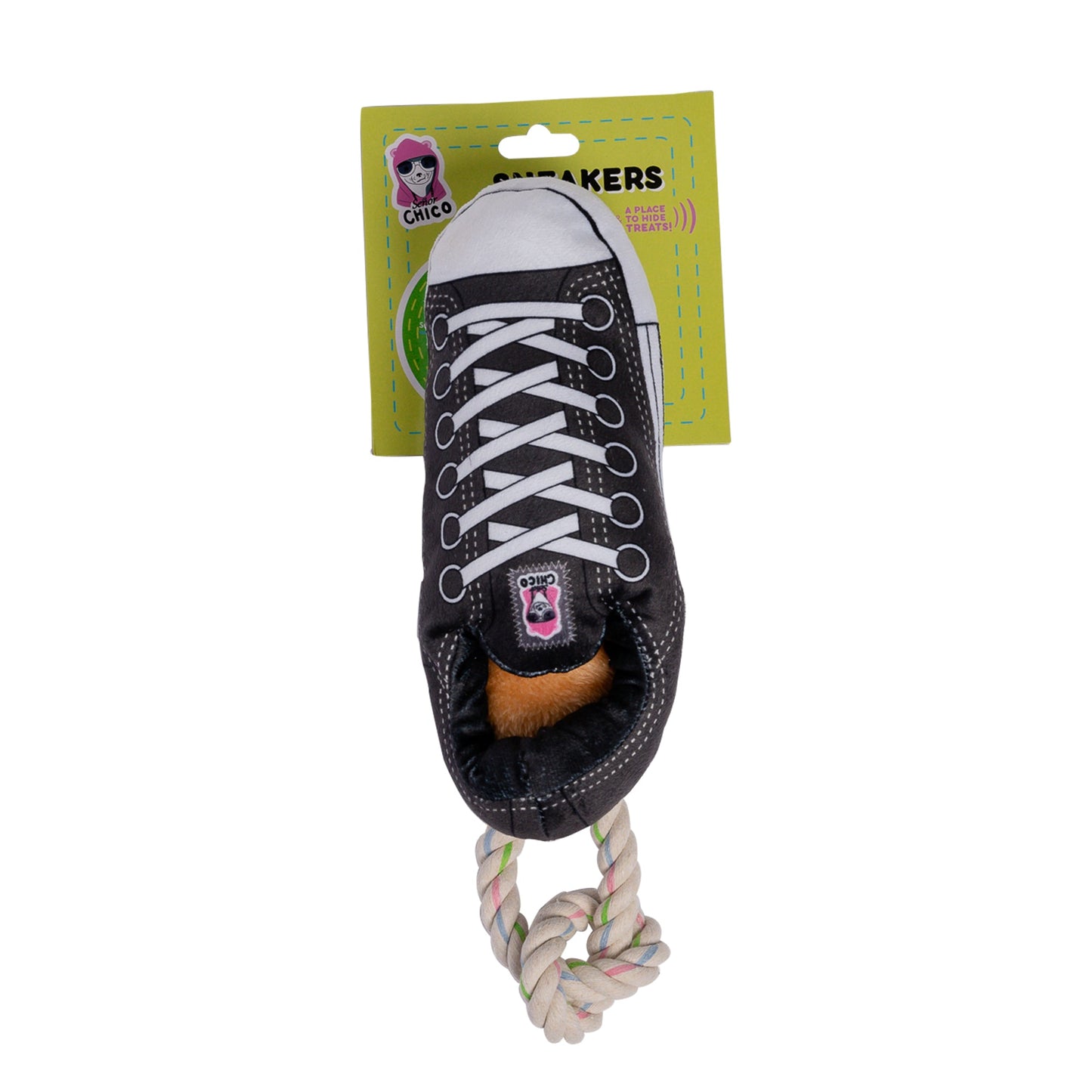Squeaky Comfort Plush Sneaker Dog Toy – with Treat Compartment, Safe & Durable – Black