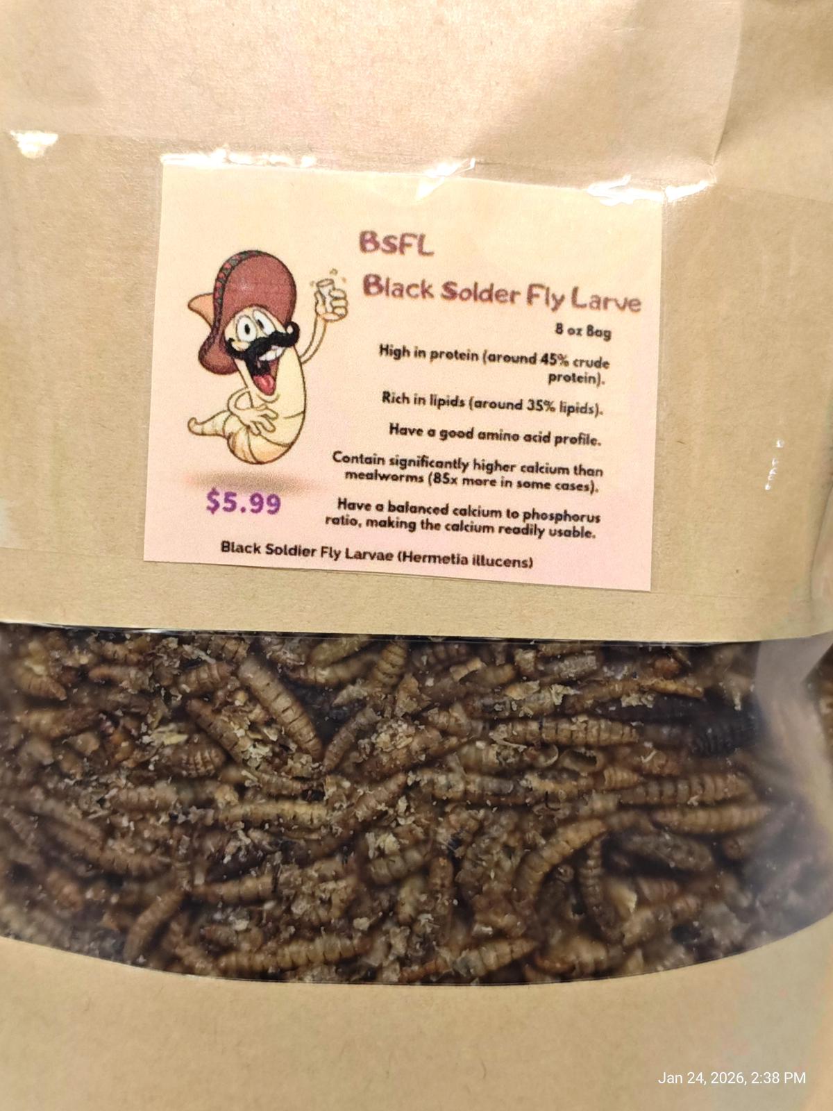 BSF ( Black Solider Fly Larvae) 8 oz bag Resealable Packed Fresh Monthly