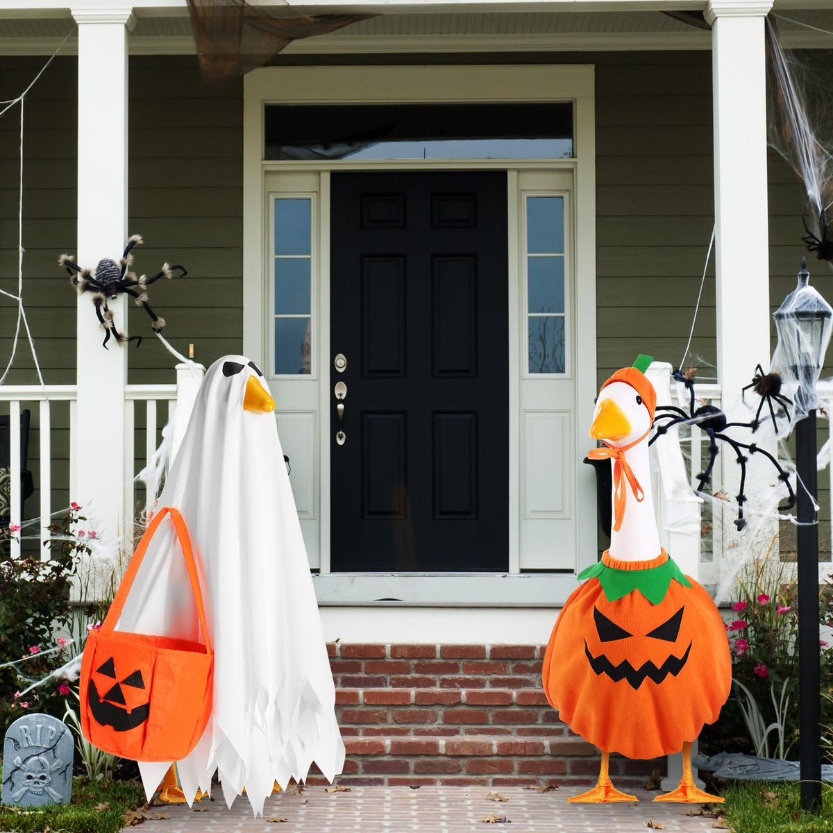 Halloween Fall Porch Goose Outfit, 23in Lawn Goose Cloth Halloween Ghost Pumpkin Costume For Lawn Goose, Patio Yard Art Geese Decor, Thanksgiving Fall Themes Seasonal Accessory