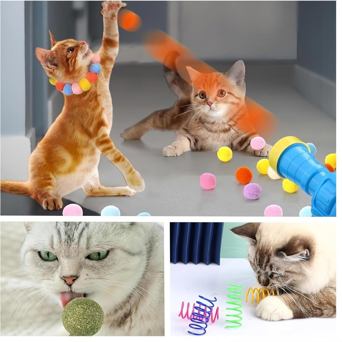 Cat Ball Gun Launcher Toy with 30pcs Colorful Stretch Plush Pom Pom Ball