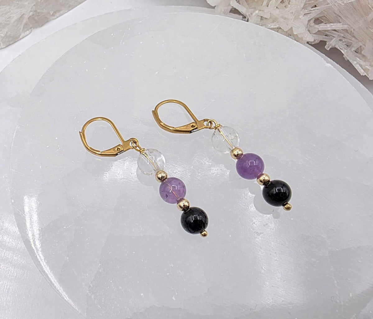 ESPACIO SAGRADO - Conjunto de joyas de cuarzo transparente, amatista y ónix negro