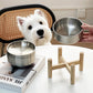 Stainless Steel Cat Bowl On A Raised Wooden Stand To Prevent Tipping