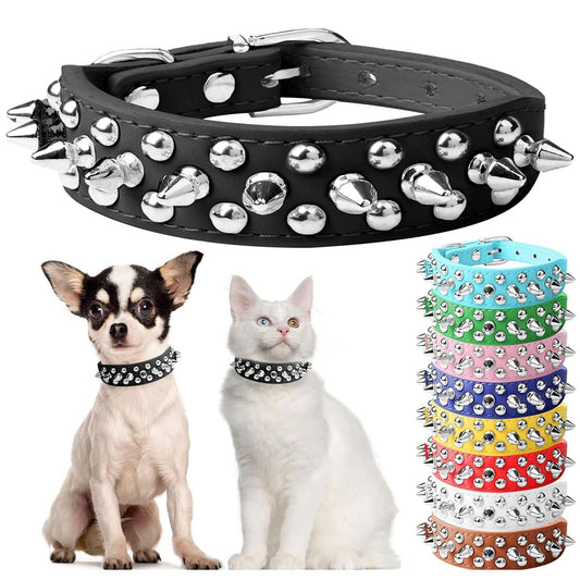 Small Spiked Black Dog Cat Collar For Small Medium Dogs Boy Male - Adjustable Studded Puppy Collars - Soft Padded Punk Leather Dog Collar For Chihuahua French Bulldog Pug