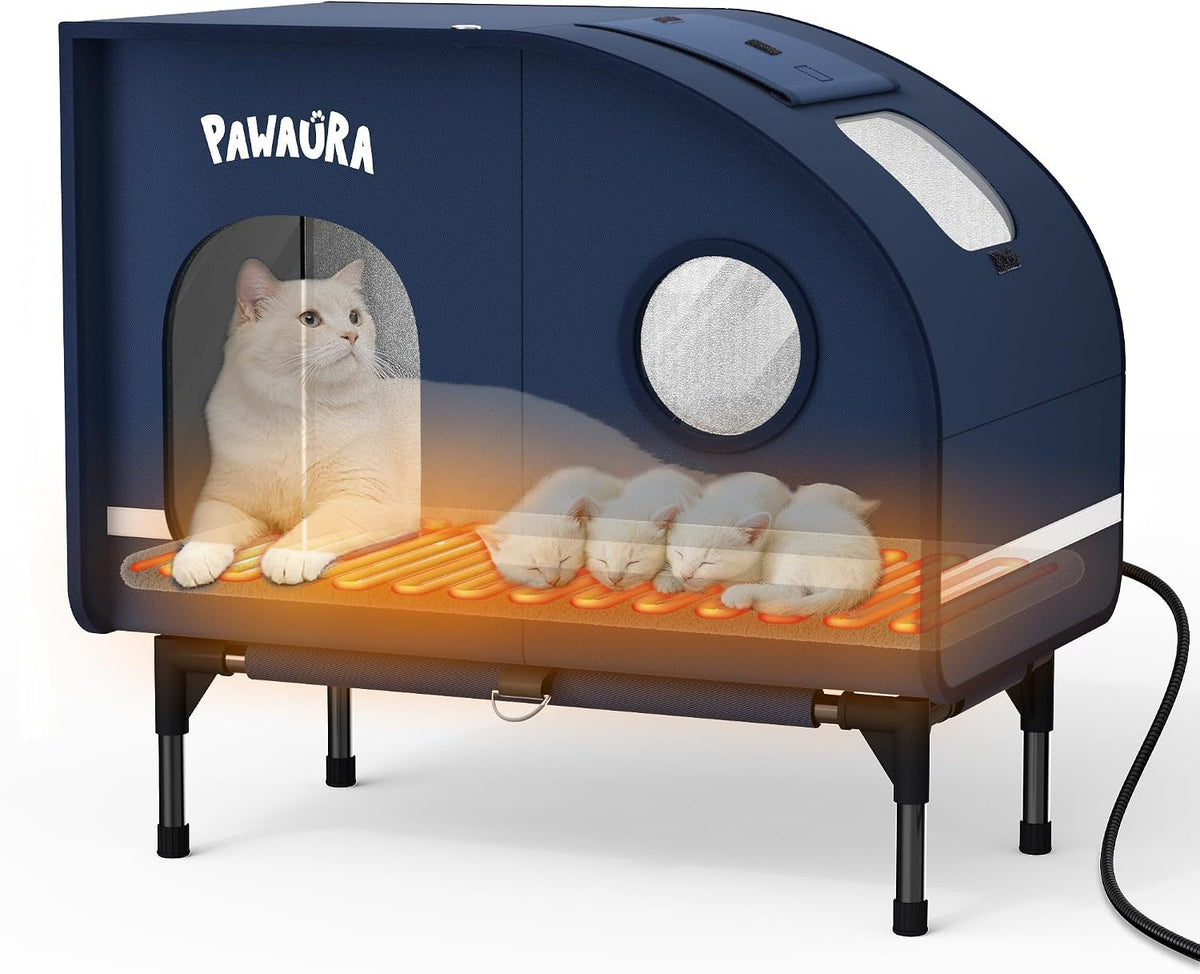 Heated Outdoor Cat House with Thermostatic Pad, 5-Layer Insulation & Skylight (Large, Dark Blue)