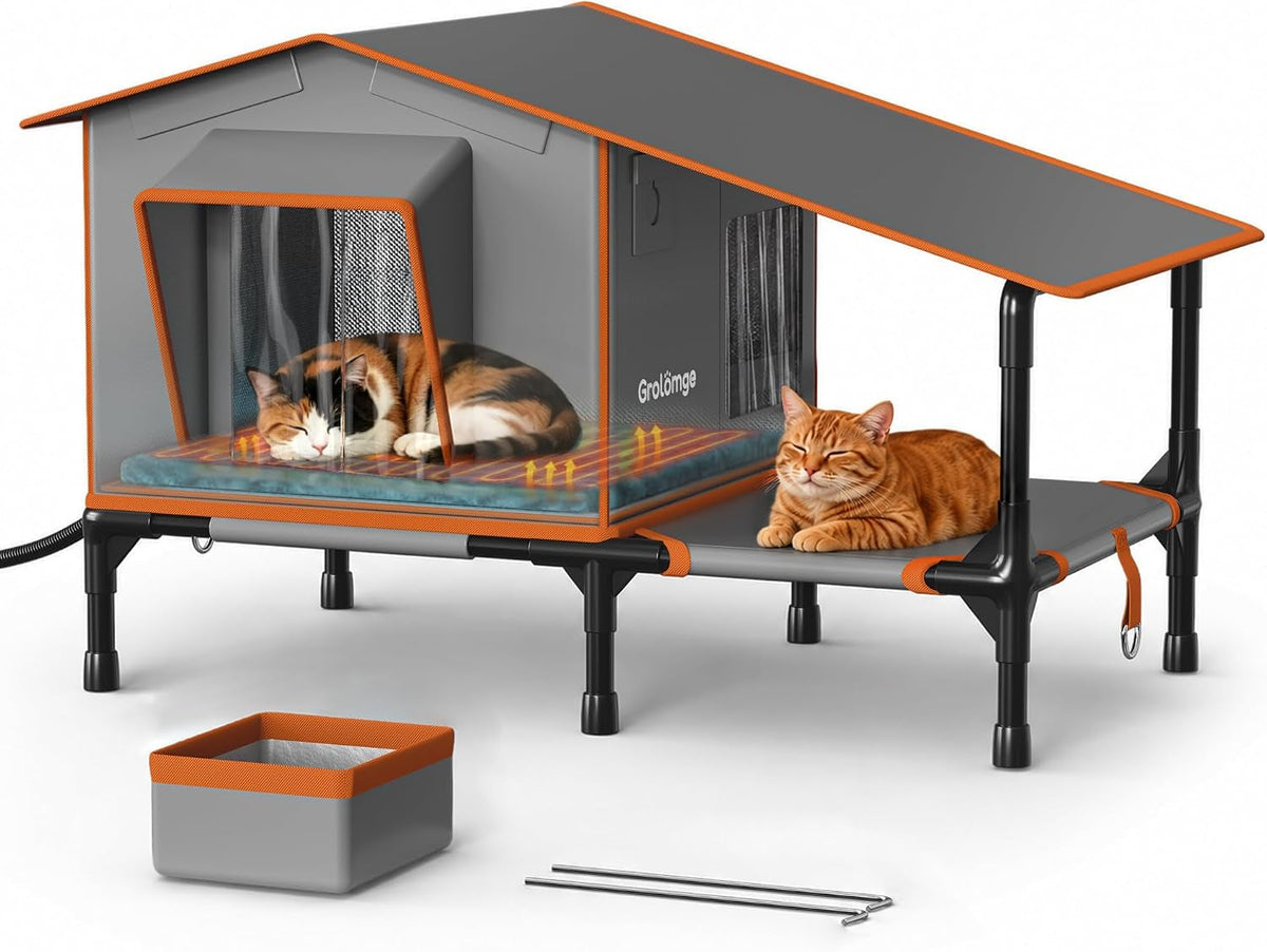 Heated Outdoor Cat House with Terrace & Feeding Bowl