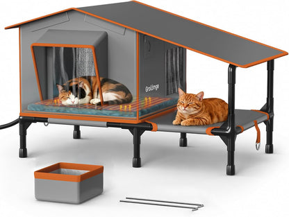 Heated Outdoor Cat House with Terrace & Feeding Bowl
