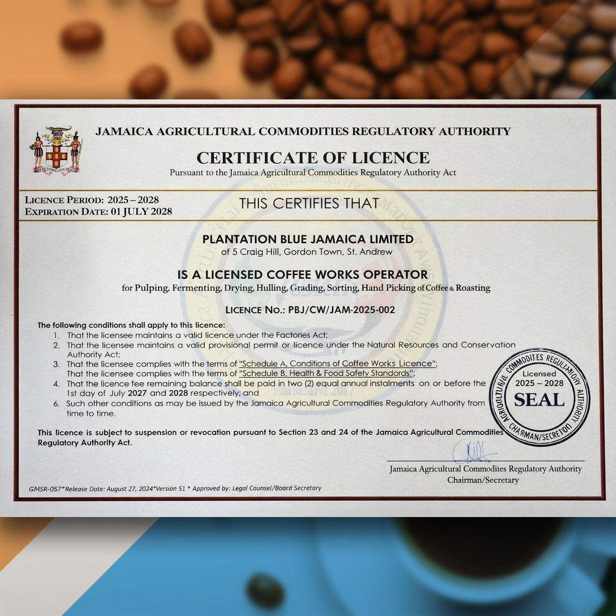 Plantation Blue Café Premium 100% Jamaica Blue Mountain (453 g - granos enteros tostado medio)