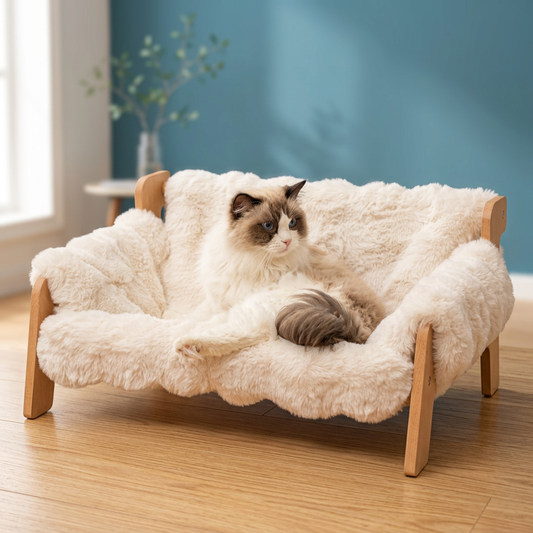 Cama tipo sofá elevada de madera para gatos con cojín mullido lavable – 3 colores