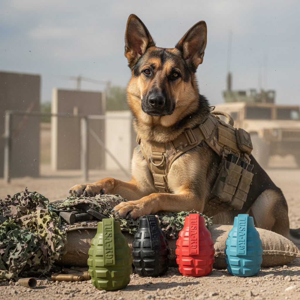USA-K9 Dispensador con forma de granada, juguete resistente para masticar y dispensador de premios para perros – Verde militar