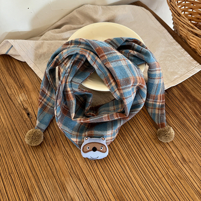 Korean-style Cotton-linen Plaid Childrens Scarf Versatile And Easy To Match