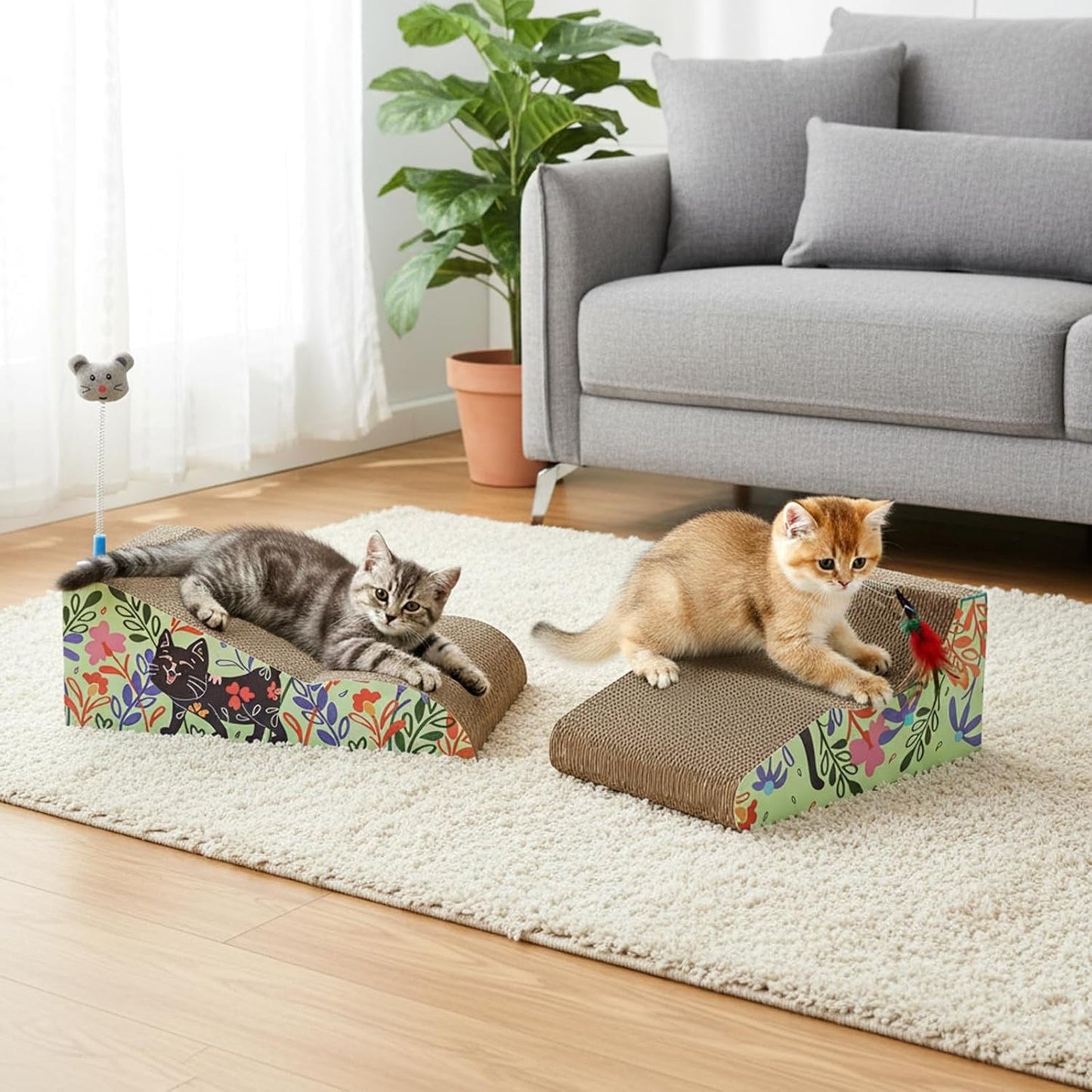 2 in 1 Cat Scratcher Lounge Cardboard Pad with Detachable Toys
