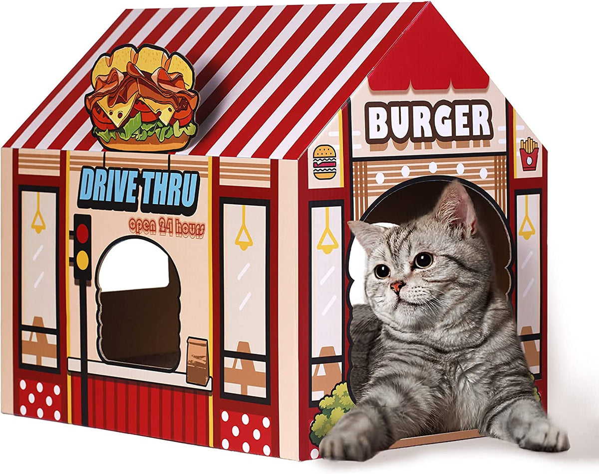 Casa de cartón para gatos con rascador