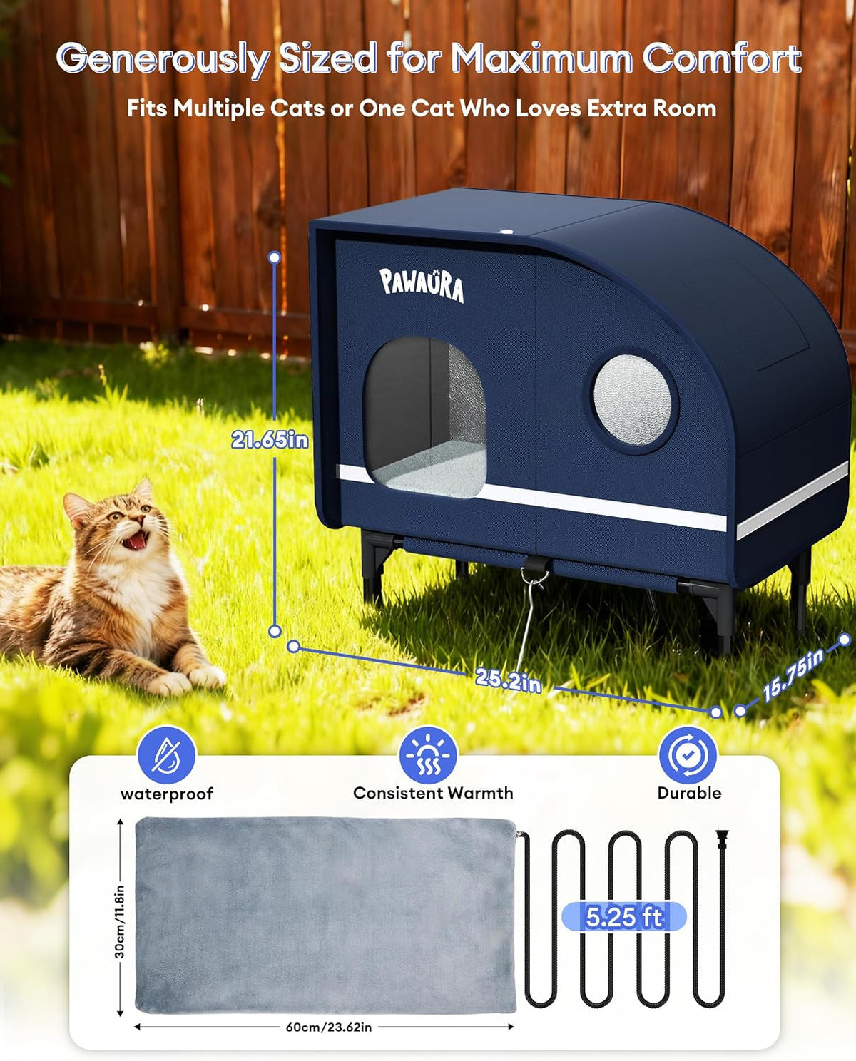 Heated Outdoor Cat House with Thermostatic Pad, 5-Layer Insulation & Skylight (Large, Dark Blue)