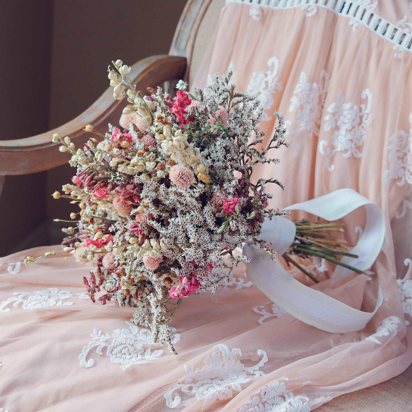 Dried Flower Bouquet – Pink Larkspur, Gomphrenia, Ammobium & Wheat – Rustic Farm-Grown California Wedding & Home Décor Arrangement