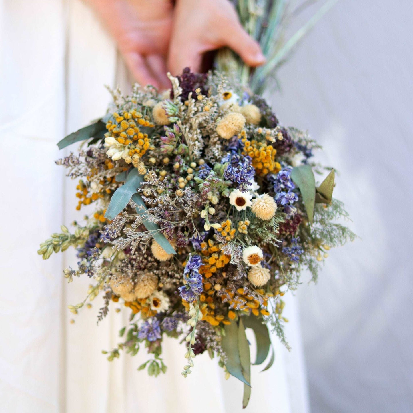 Dried Flower Bouquet – Blue Larkspur, Yarrow, Daisies & Eucalyptus – Rustic Farm-Grown California Wedding & Home Décor Arrangement