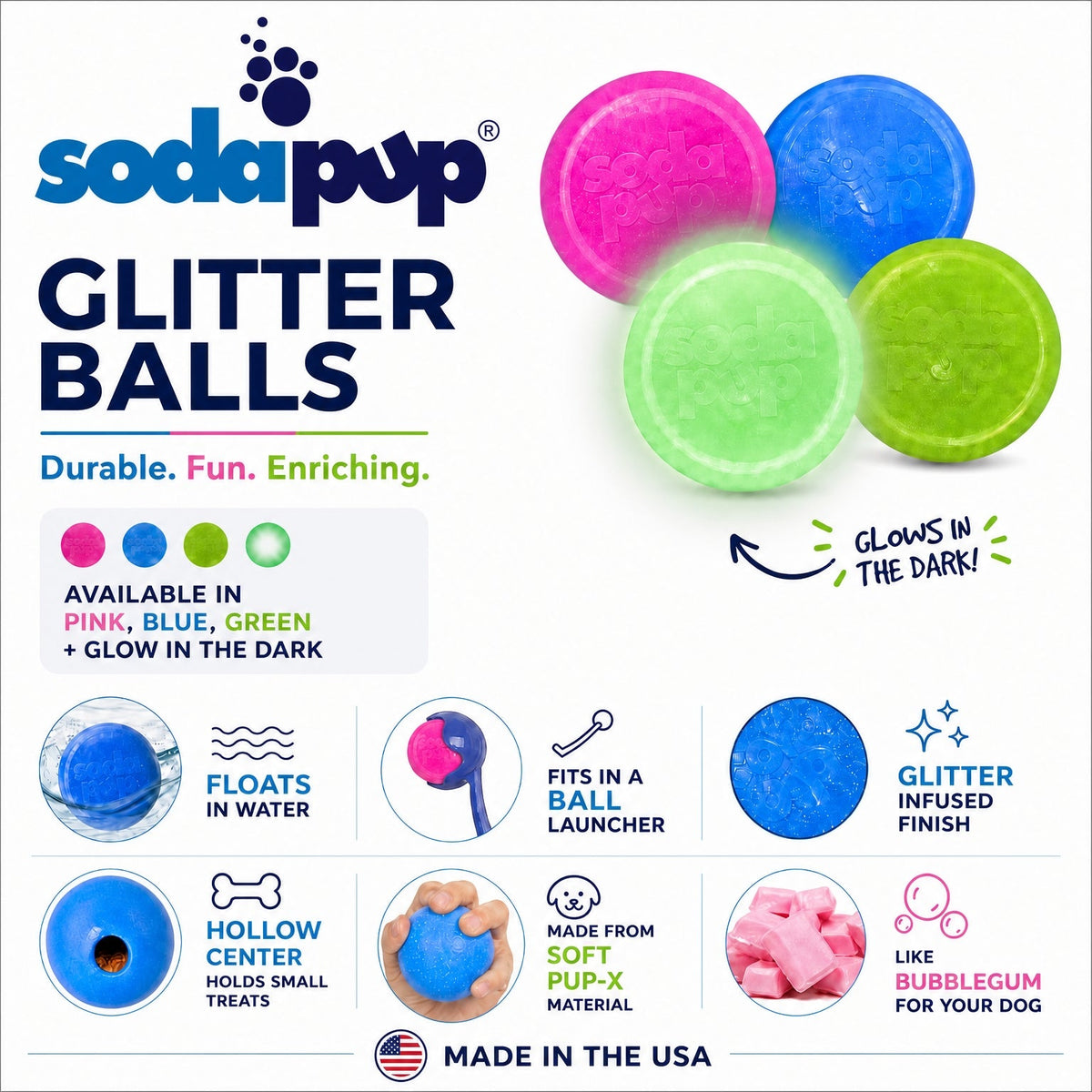 Pelota de juguete para perros Glitter Ball | Pelota de goma blanda PUP-X que flota para buscar y recoger con dispensador de premios | Fabricada en EE. UU.