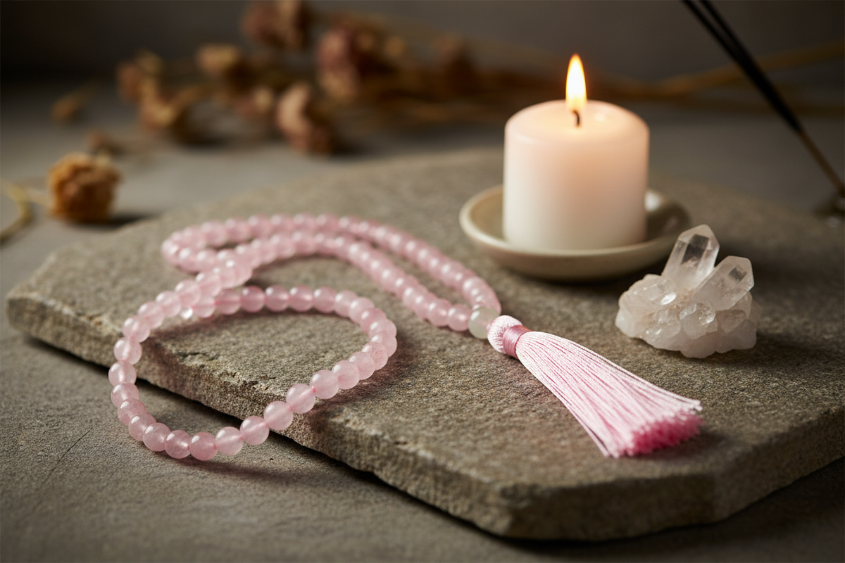 Collar Mala de cuarzo rosa