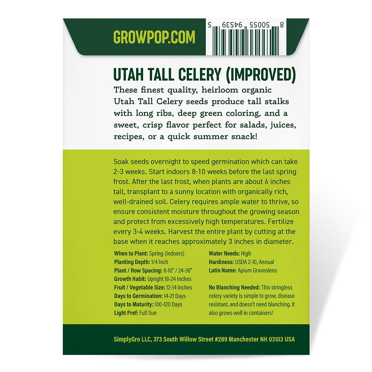 Purely Organic Utah Tall Celery Seeds - USDA Organic