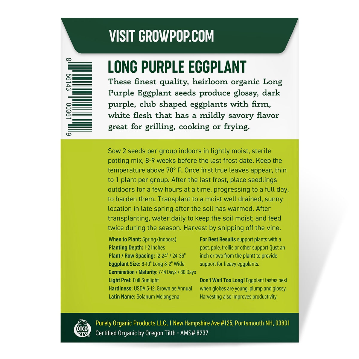 Purely Organic Long Purple Eggplant Seeds - USDA Organic
