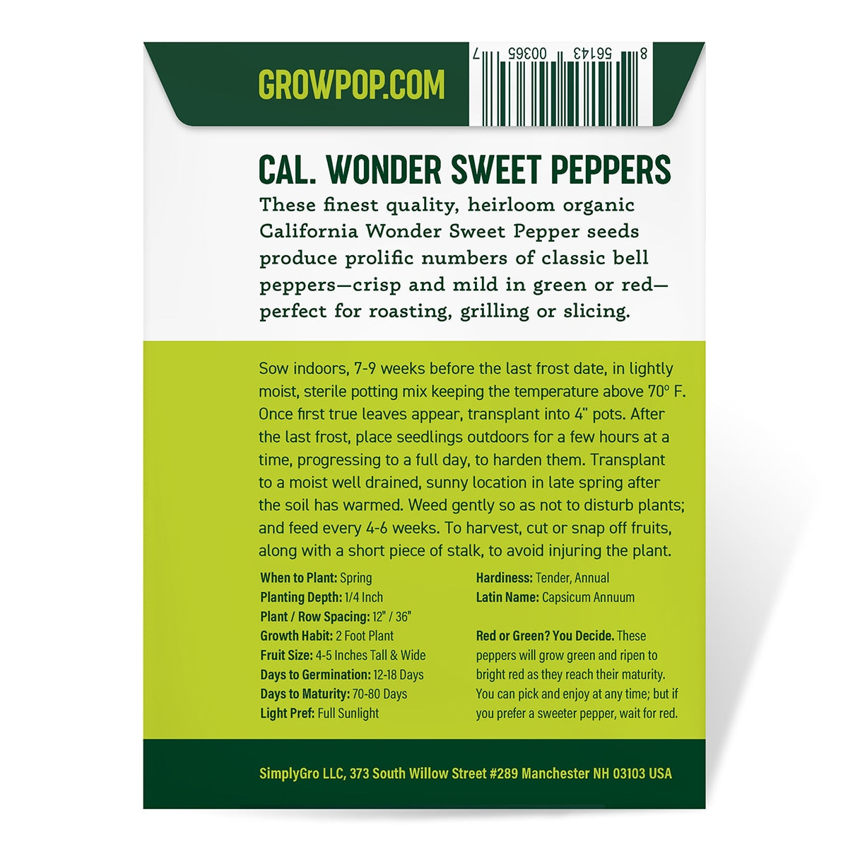 Purely Organic California Wonder Sweet Pepper Seeds - USDA Organic