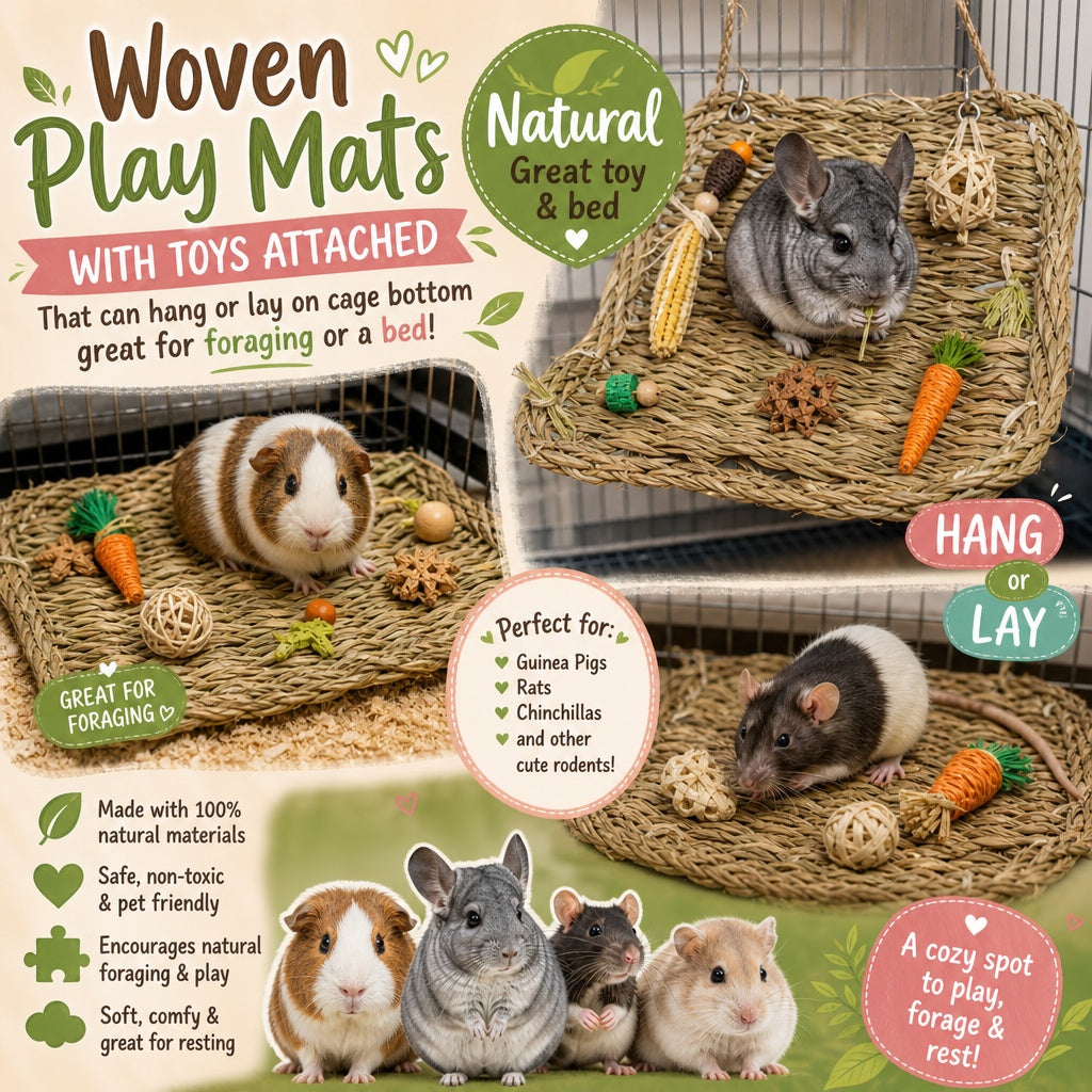 Woven Play Mat with Toys For Guinea Pigs, Rabbit, Chinchillas, Rats & More All Natural
