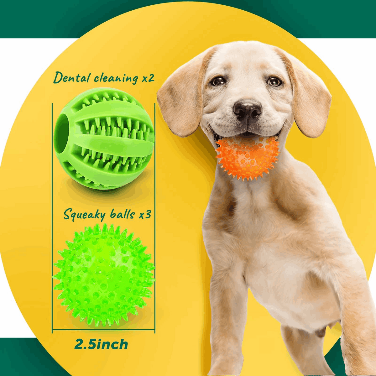 Pelotas chirriantes interactivas de 2.5” para cachorros, juguetes para la dentición, masticables para perros pequeños, limpieza dental y adiestramiento