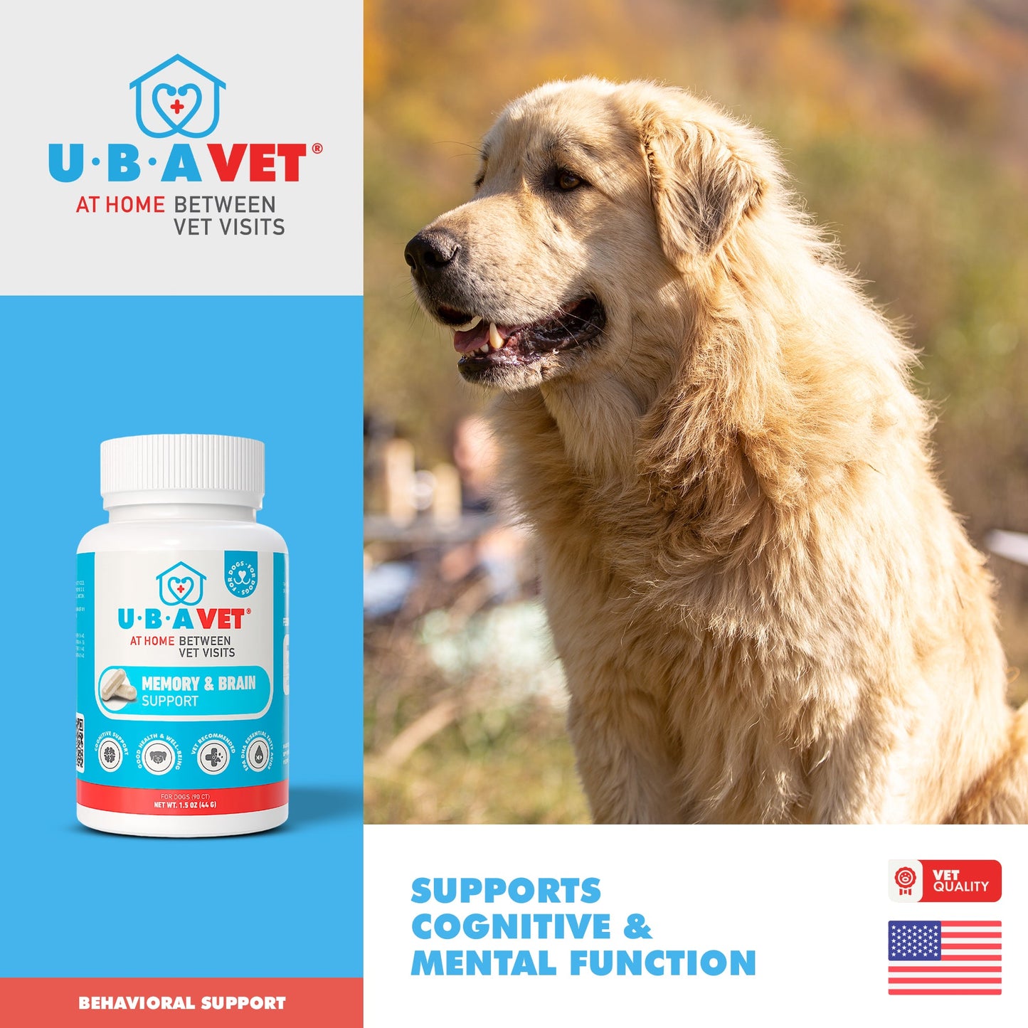 UBAVET Memory & Brain Support for Senior Dogs – 90 ct Cognitive Health Supplement