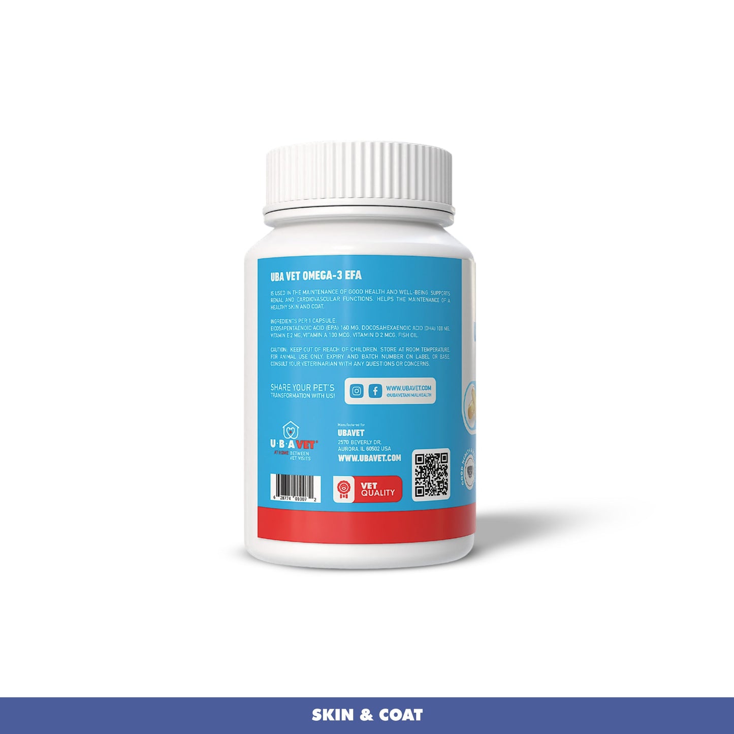 UBAVET Omega-3 Capsules 1000 mg – Skin, Coat & General Health Support for Dogs & Cats (120 ct)