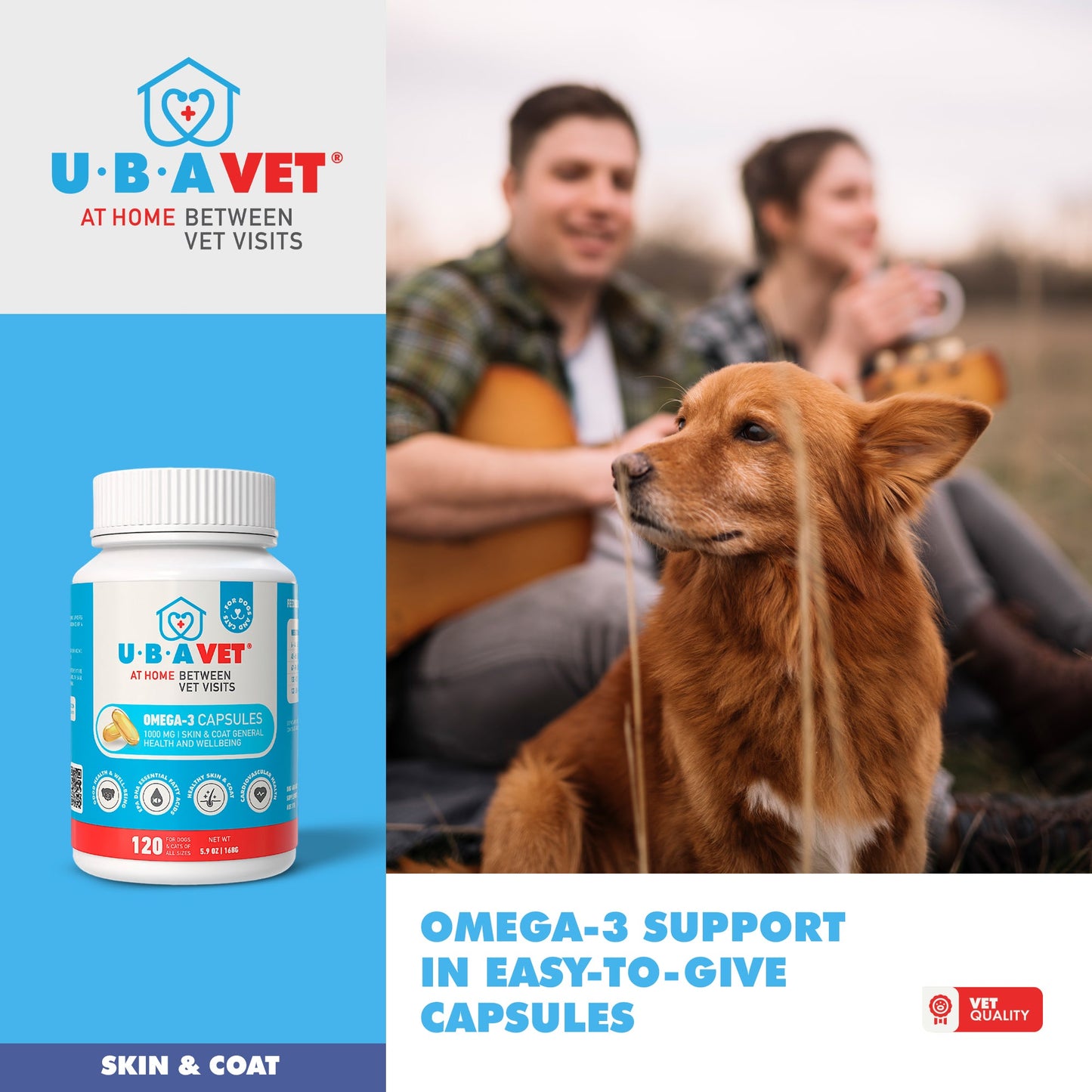 UBAVET Omega-3 Capsules 1000 mg – Skin, Coat & General Health Support for Dogs & Cats (120 ct)