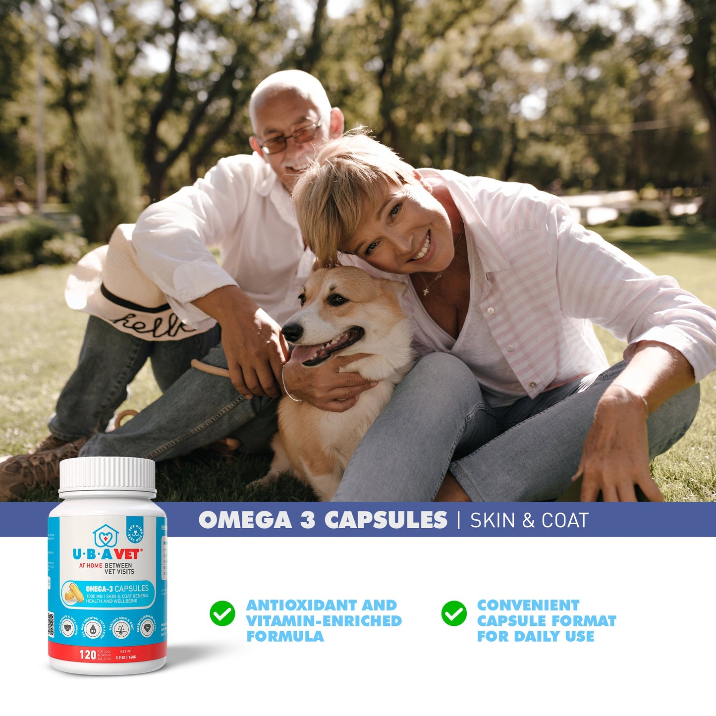 UBAVET Omega-3 Capsules 1000 mg – Skin, Coat & General Health Support for Dogs & Cats (120 ct)