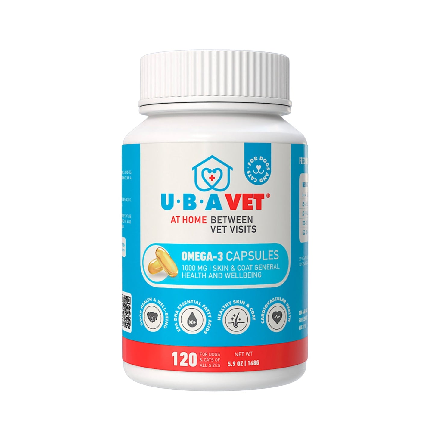 UBAVET Omega-3 Capsules 1000 mg – Skin, Coat & General Health Support for Dogs & Cats (120 ct)
