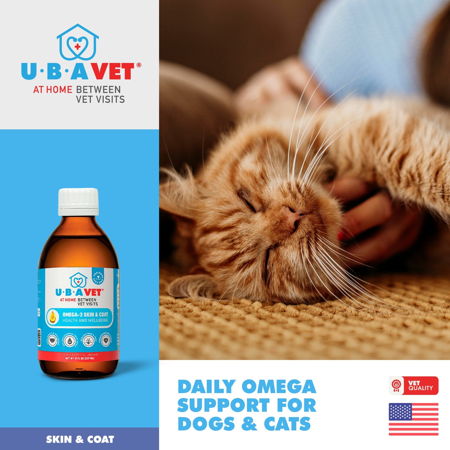 UBAVET Omega-3 Skin & Coat Health and Wellbeing Liquid for Dogs & Cats – 8 fl oz / 237 ml