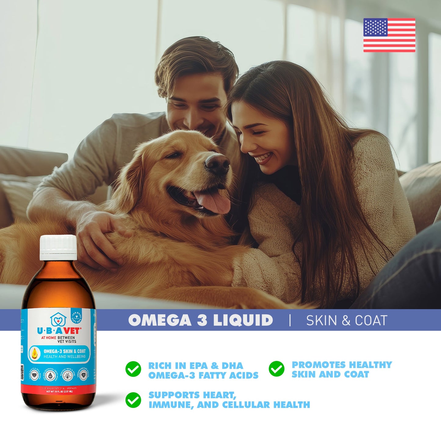 UBAVET Omega-3 Skin & Coat Health and Wellbeing Liquid for Dogs & Cats – 8 fl oz / 237 ml