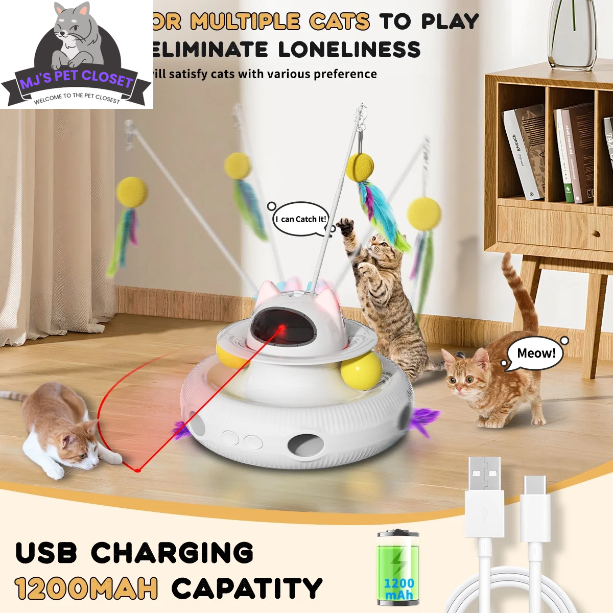 Juguete interactivo 4 en 1 para gatos con láser y pelotas de rastreo