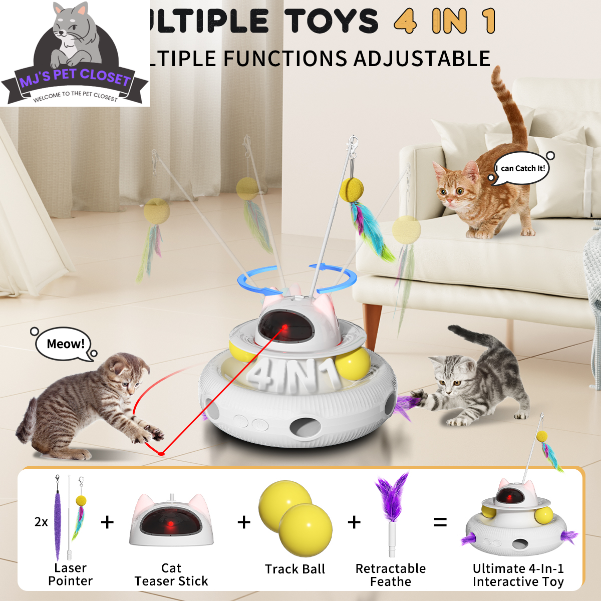 Juguete interactivo 4 en 1 para gatos con láser y pelotas de rastreo