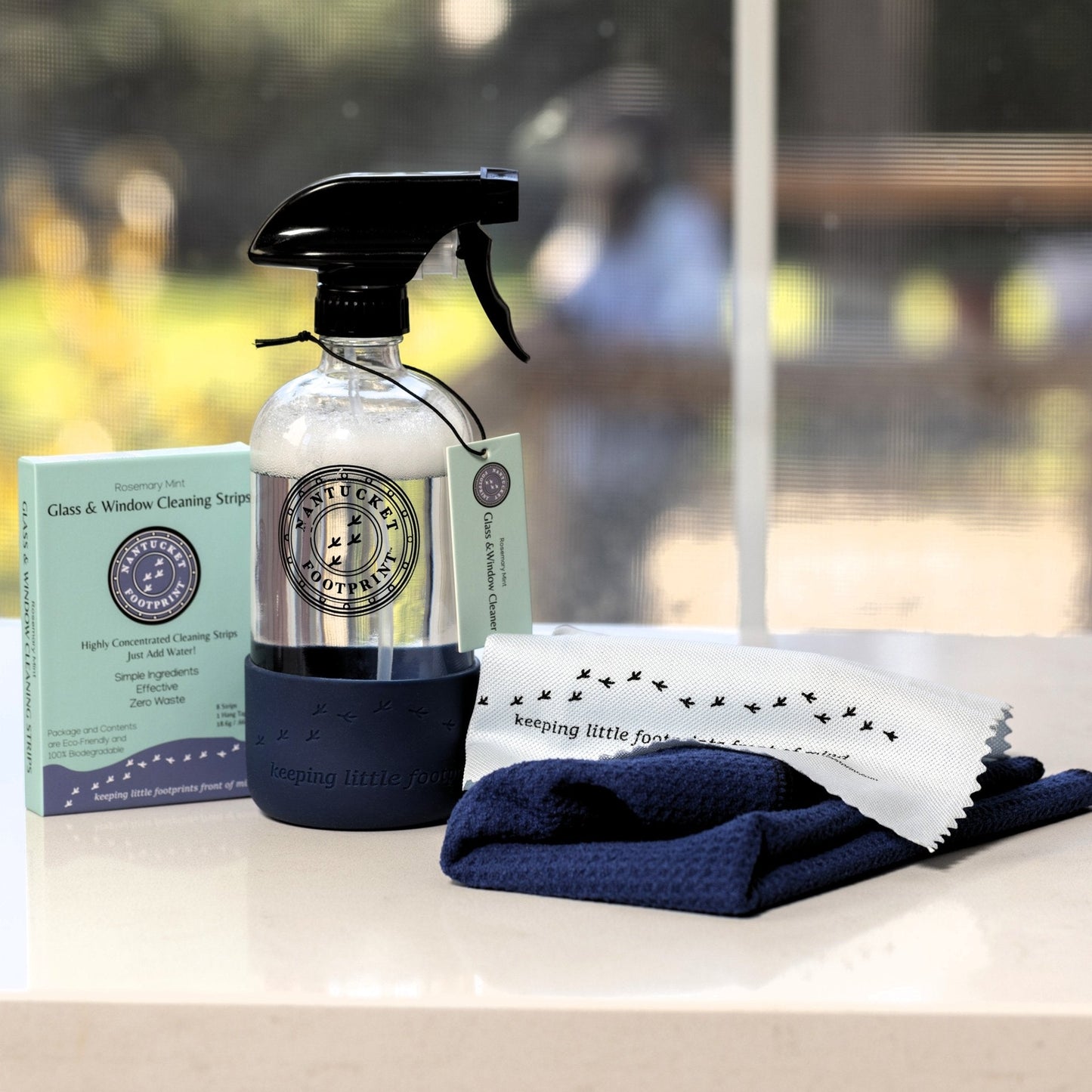 Window Strips + Reusable Glass Bottle + Cleaning Cloths Bundle